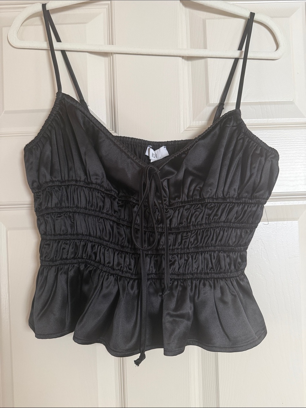 NSR Black Satin Smocked Cami Top with Peplum Hem